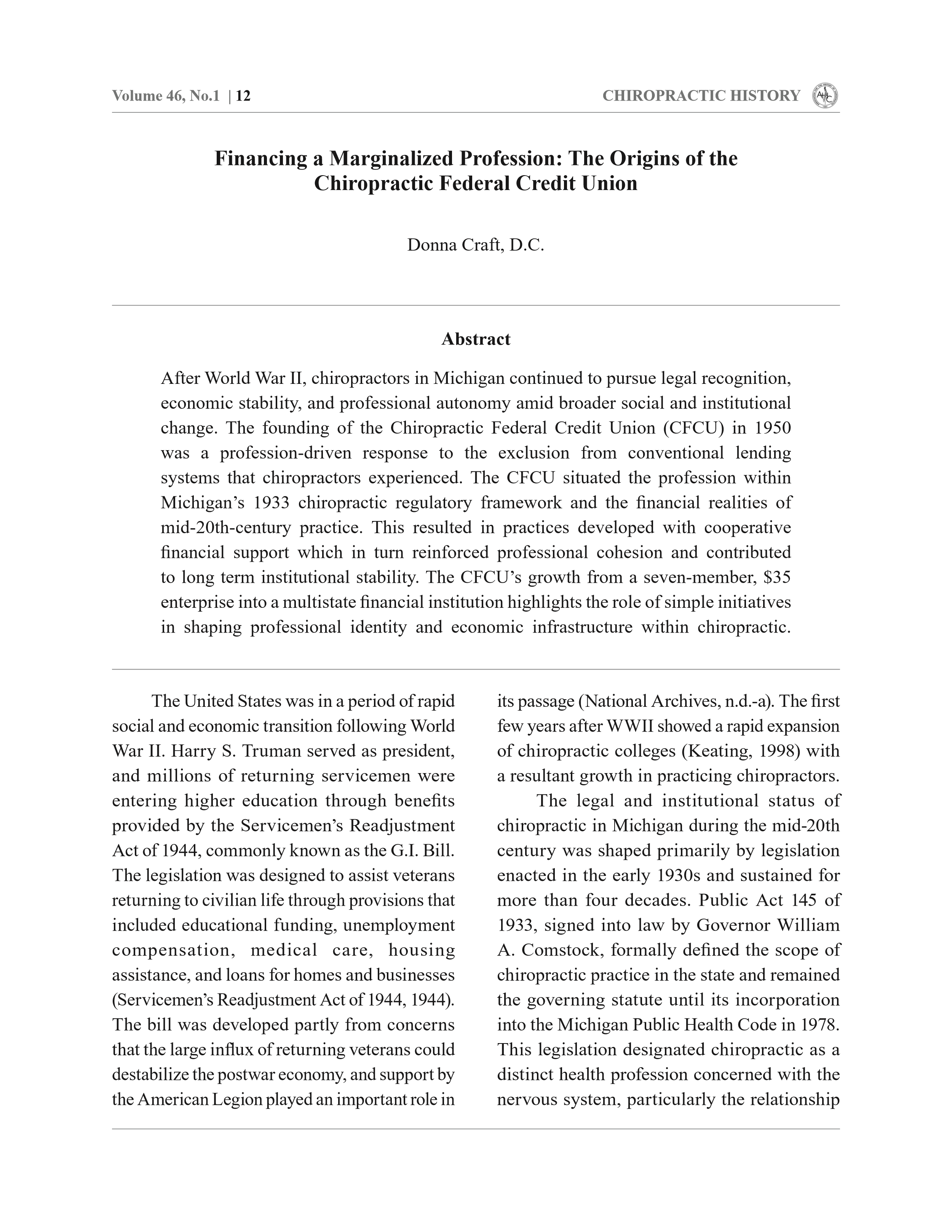Published peer-reviewed journal layout — Chiropractic History Vol 46, No. 1