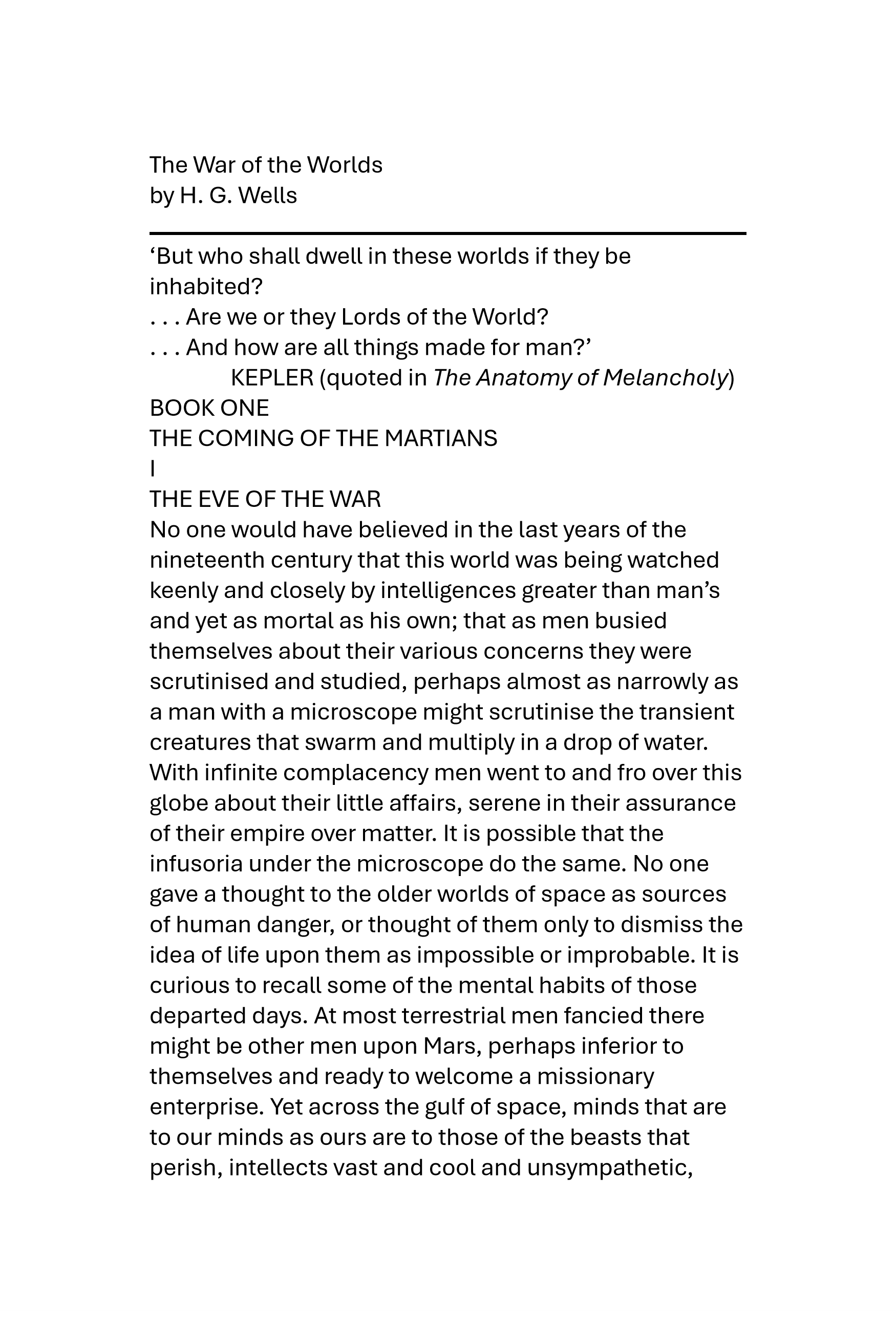 RAW unformatted manuscript draft — The War of the Worlds by H. G. Wells